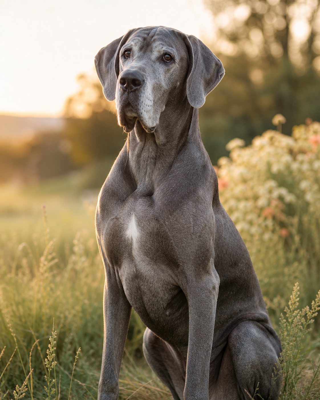 A mature blue-gray Great Dane resting in warm evening light