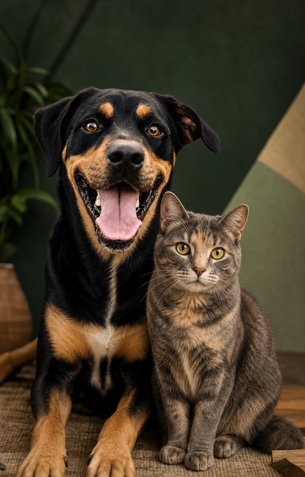 A joyful dog and attentive cat representing whole-pet longevity care