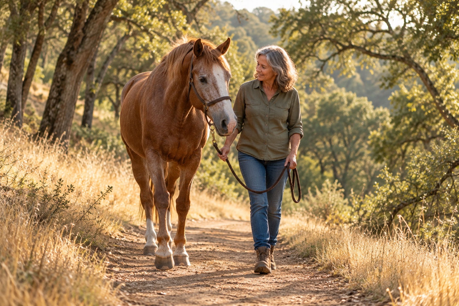 An older chestnut horse and its owner walking together on a sunlit woodland trail